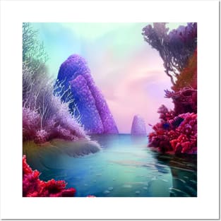 Magical Landscape Painting featuring Sea and Purple Plants, Scenery Nature Posters and Art